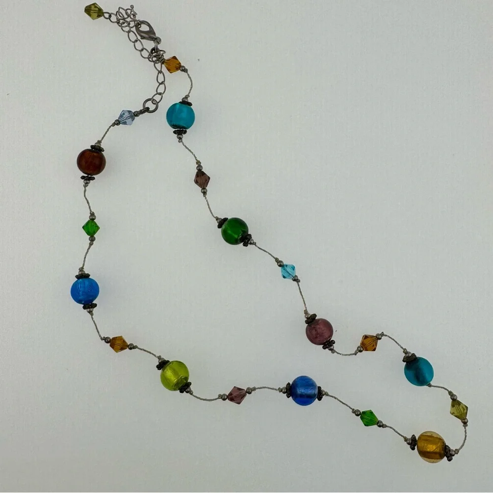 Colorful Beaded Foil Glass Necklace with Silver Details 10 inches Dainty